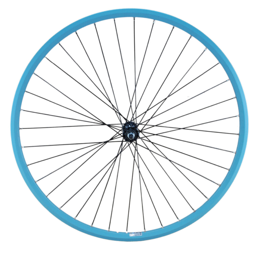 Voorwiel aluminium turquoise 28inch Sapim zwarte spaken